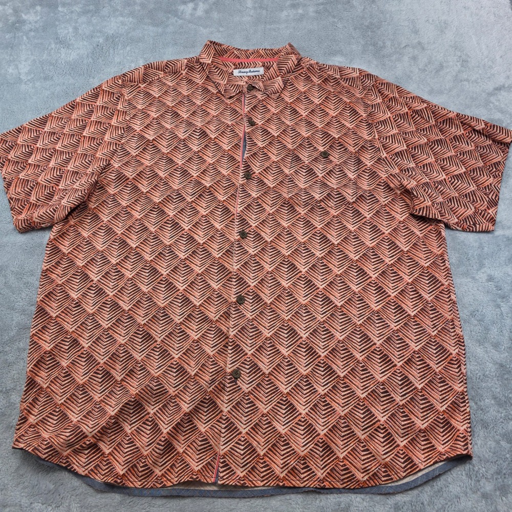 Tommy Bahama Mens XXL Orange Silk Button Up Camp Shirt Agave Tiles Geometric